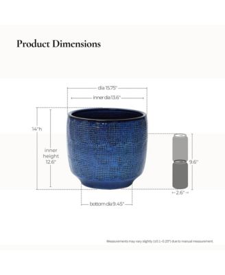 15.75-Inch Round Ceramic Planter, Deep Blue Glaze with Basket Texture