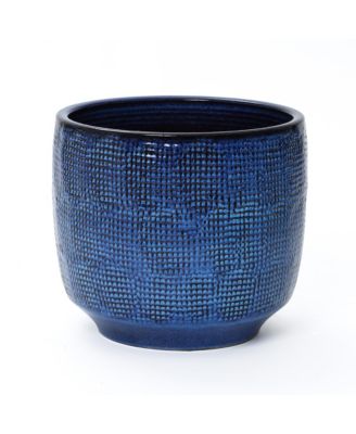 15.75-Inch Round Ceramic Planter, Deep Blue Glaze with Basket Texture
