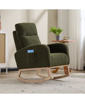 Modern Accent Rocking Chair with Solid Wood Legs & Side Pocket (green, teddy