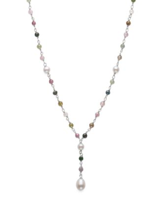 Cultured Freshwater Pearl & Multi Tourmaline Necklace in Sterling Silver