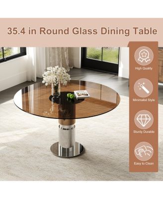  35" Round Glass Dining Table with Stainless Steel Legs (Seats 2-4