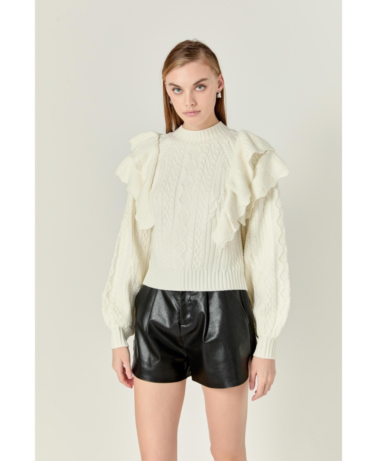 endless rose Women's Cable Knit Ruffled Sweater