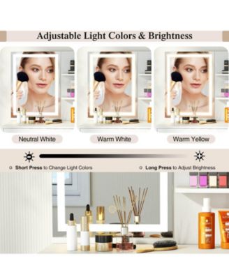 Vanity Desk Set with Mirror & Lights Power Outlet Cushioned Stool