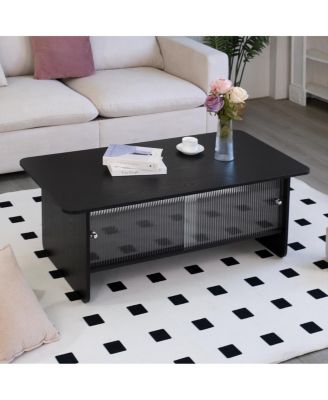 Rectangular Modern Minimalist Coffee Table with Sliding Glass Door Storage