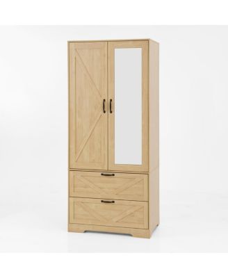 2-Door Wood Wardrobe with Hanging Rod, 2 Drawers, Mirror & Light