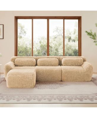 L-shaped Soft Fluffy Plush Boneless Sofa with Pillows, No Assembly, Movable Ottoman