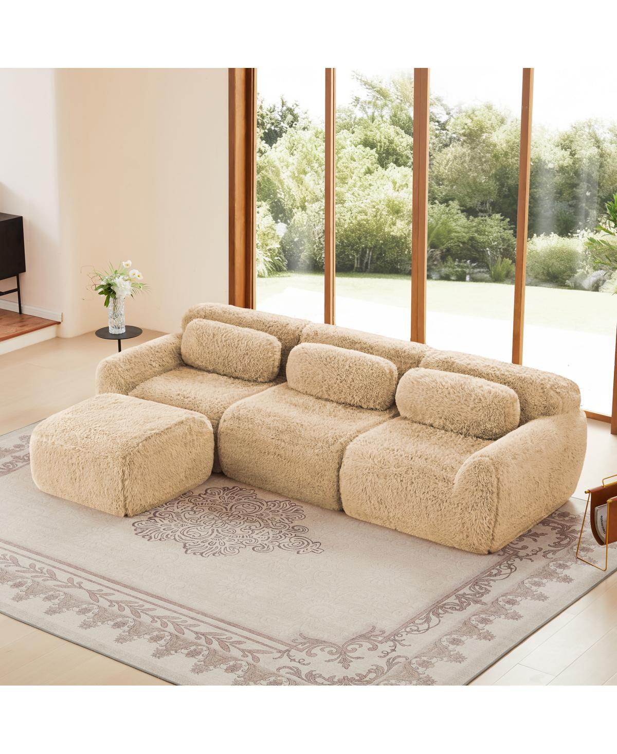 Streamdale Furniture L-shaped Soft Fluffy Plush Boneless Sofa with Pillows, No Assembly, Movable Ottoman