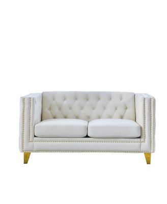  Velvet Sofa with Tufted Square Arms and Metal Legs- 2 Seater