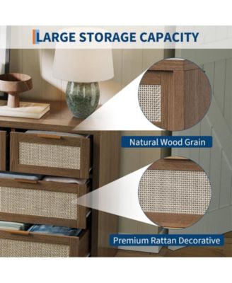 Rattan 7-Drawer Dresser for Bedroom, Wide Wooden Storage Chest, Brown