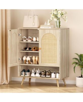 Rattan Shoe Cabinet with Doors, 4-Tier Entryway Shoe Organizer with Adjustable Shelves, Beige