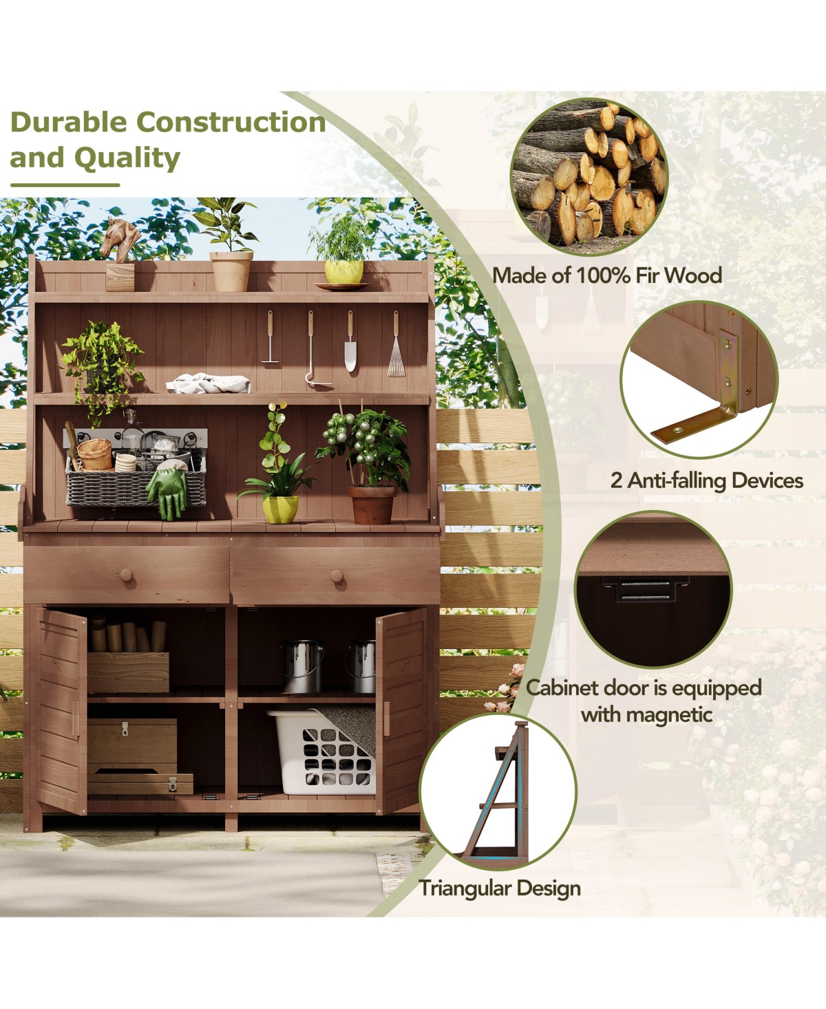 Mondawe 65 Inch Fir Wood Potting Bench with Drawer and Cabinet Storage