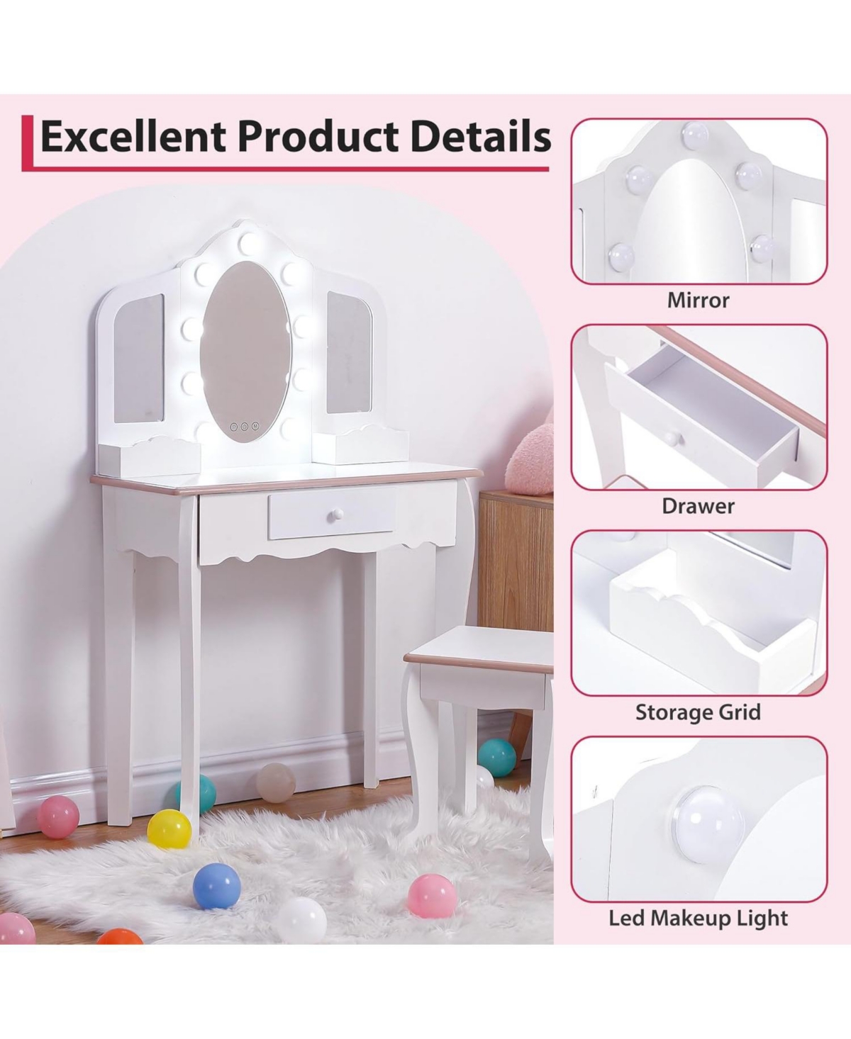 gaomon Kids Vanity Set for Girls, Makeup Desk with Mirror and Stool, White