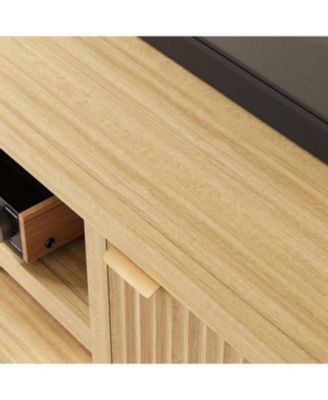 Fluted TV Stand for 80 Inch TV, Modern Entertainment Center with Storage & Gold Handles, Beige/Khaki