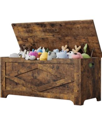 39.4" Wooden Storage Chest, Storage Bench with Safety Hinges for Entryway & Living Room, Brown