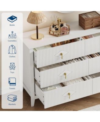 54" Wide Fluted Dresser, 6 Drawer Modern Wood Storage Chest for Bedroom or Entryway, White