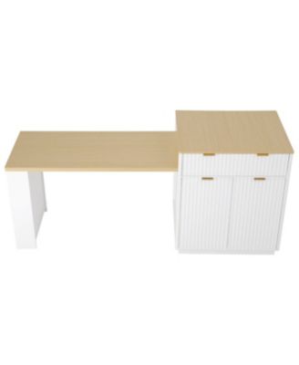 Fluted Kitchen Island with Extendable Dining Table, Power Outlet & Storage