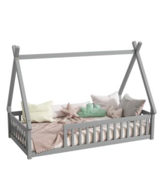 Twin Tent-shaped Floor Bed, Teepee Bed with Guardrails, Slats