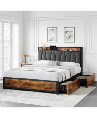 Bed Frame with Storage Linen Upholstered Headboard, 4 Drawers Platform Bed Frame with Charging Station, No Box Spring Needed - Queen