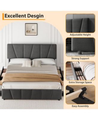 Bed Frame with Adjustable Headboard and 4 Storage Drawers, Soft Upholstered Platform Bed Frames with Wooden Slats Support