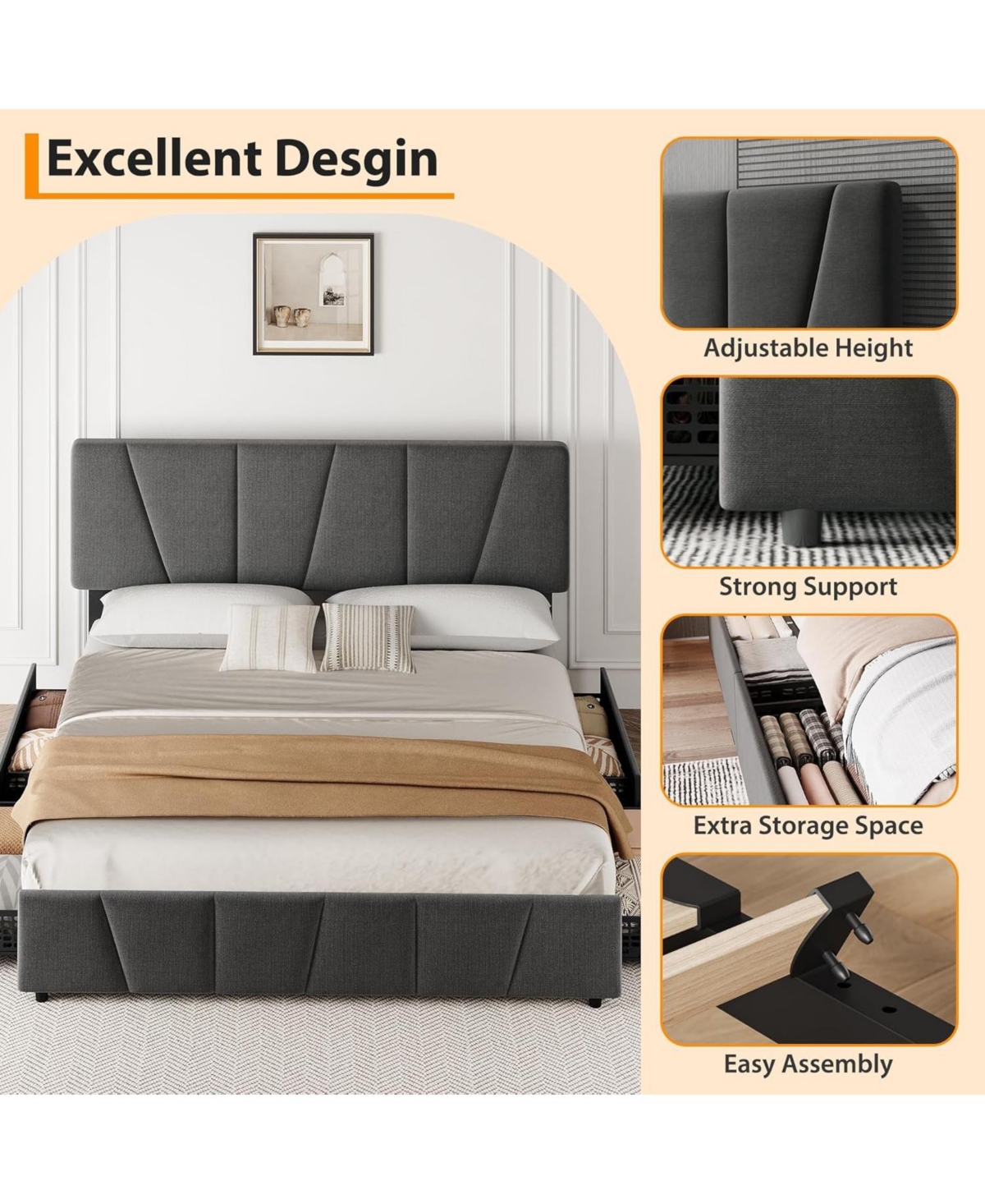 gaomon Bed Frame with Adjustable Headboard and 4 Storage Drawers, Soft Upholstered Platform Frames Wooden Slats Support