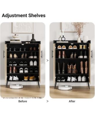 Rattan Shoe Cabinet, 5-Tier Shoe Storage Cabinet with Doors, Adjustable Shelves and Metal Legs