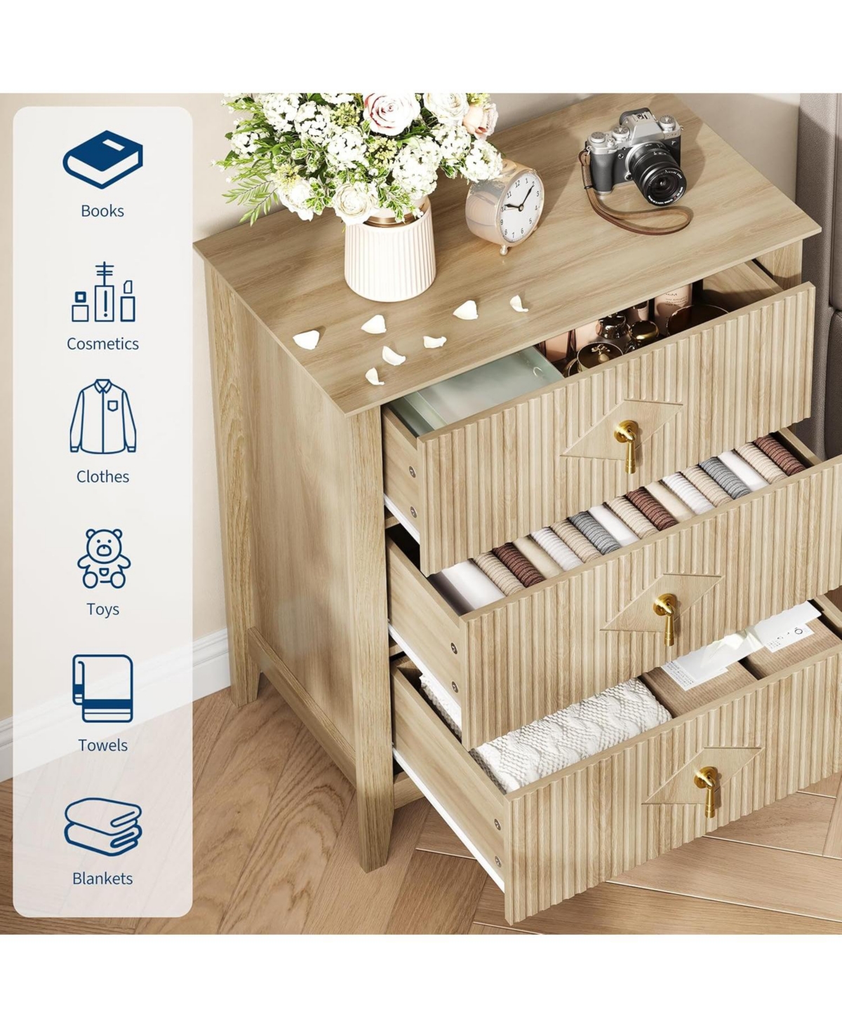 gaomon Wide Fluted Dresser, 3 Drawer Modern Wood Nightstand Chest for Bedroom