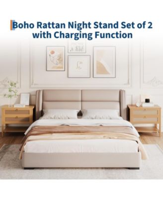 Rattan Nightstand Set of 2, Boho Bedside Tables with 2 Rattan Drawers & Large Storage, Brown