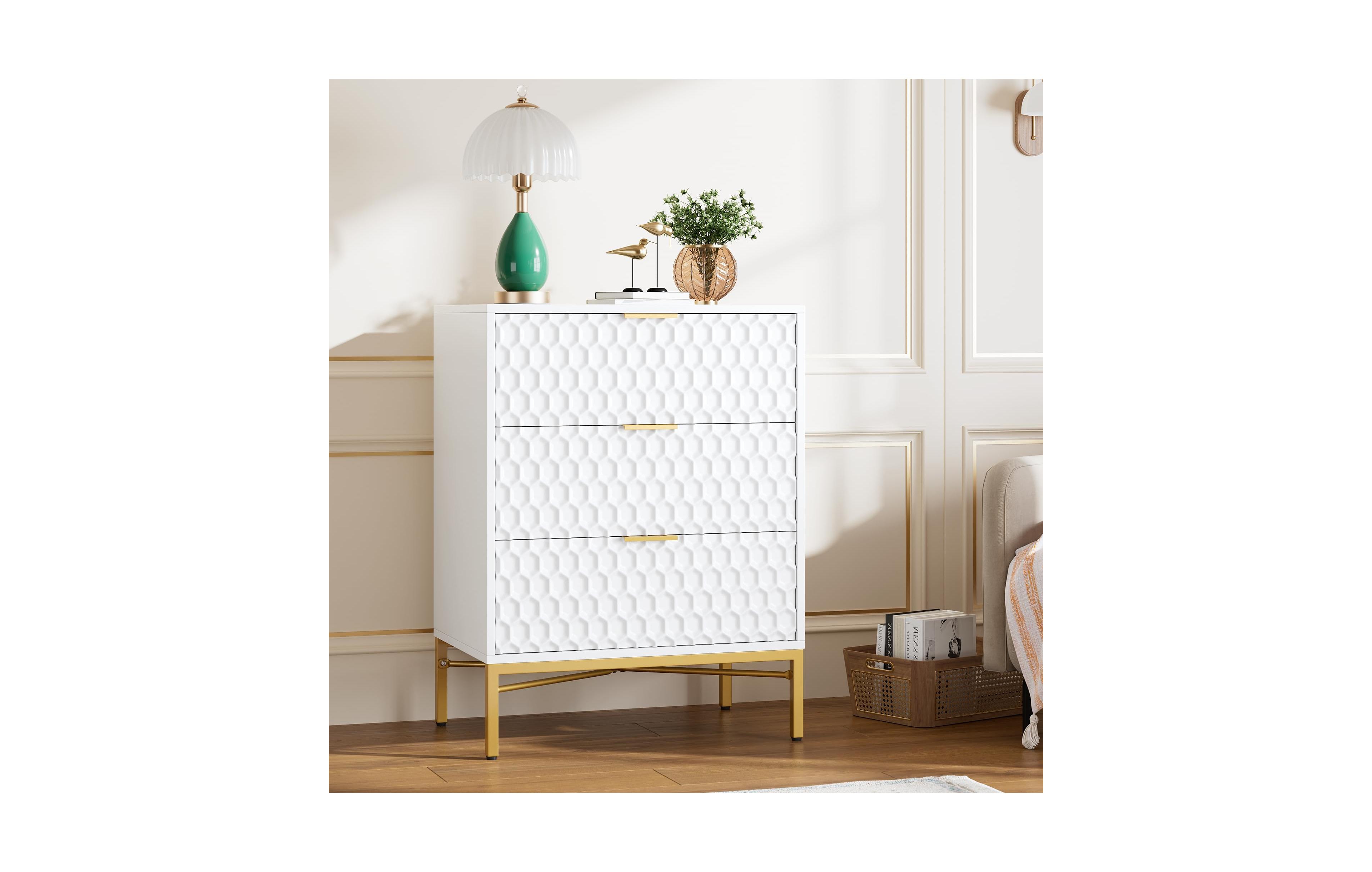 gaomon Modern 3-Drawer Dresser Nightstand, Chest of Drawers with Wide Top, White