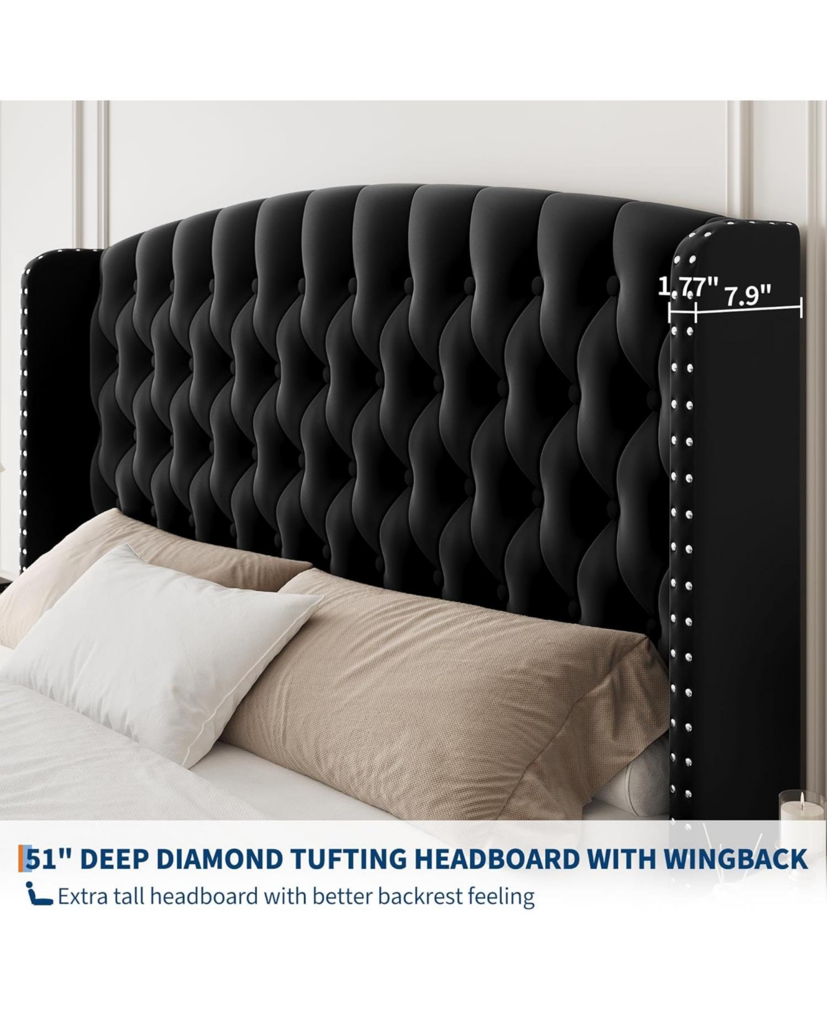 gaomon Bed Frame with 51'' Tall Wingback Headboard, Velvet Upholstered Platform Frames Strong Wood Slats Support, Noise Free, No Box