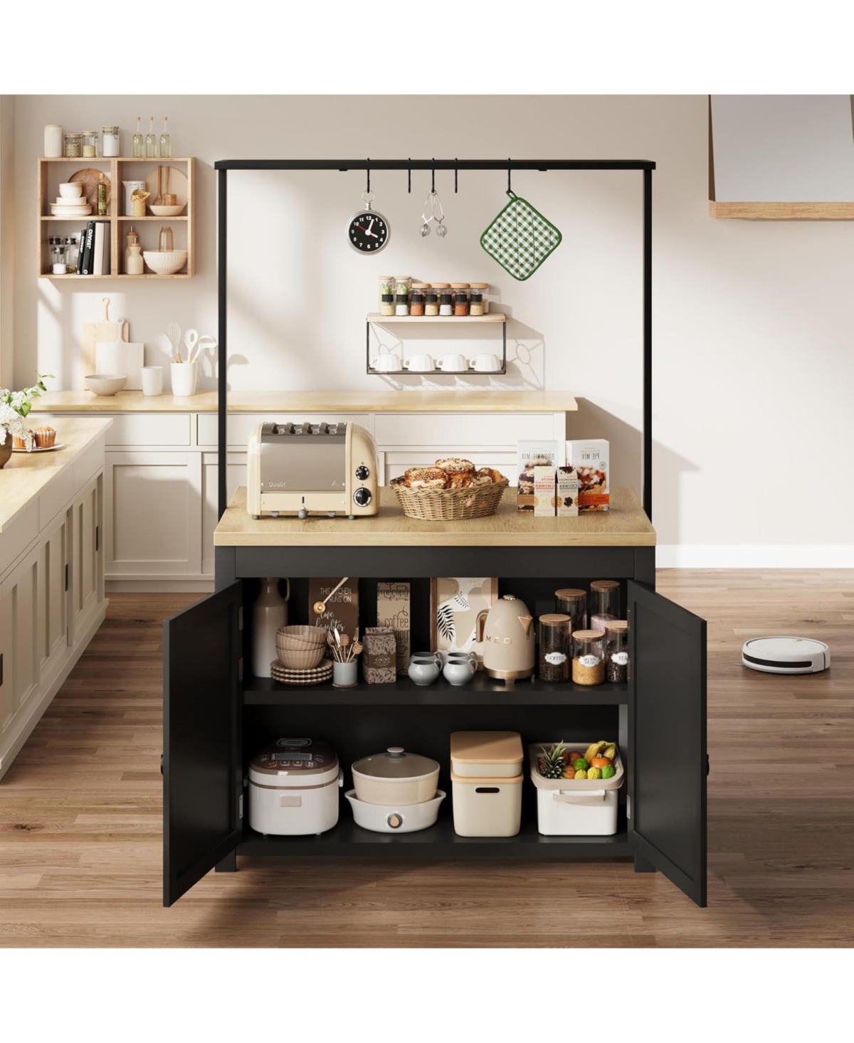 gaomon 42" Kitchen Island with Storage, Heavy Duty Mobile Cart with Solid Wood Top, Shelves & Hooks, Black