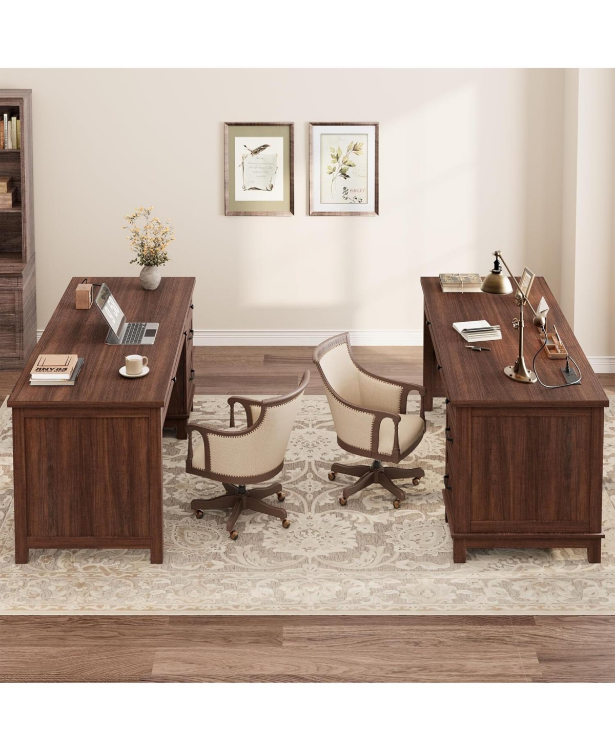 gaomon 53.5" Farmhouse Executive Desk with File Drawers, Charging Station & Storage for Home Office