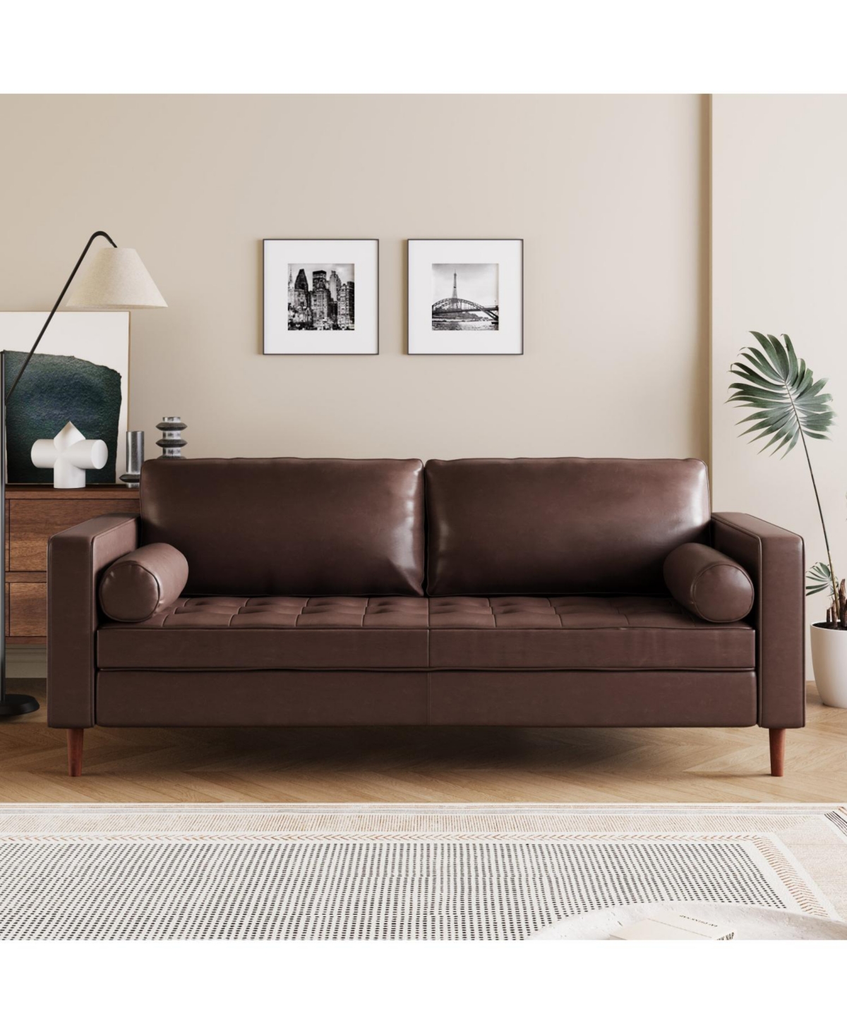 Streamdale Furniture Mid-Century Modern Tufted Sofa with Bolster Pillows