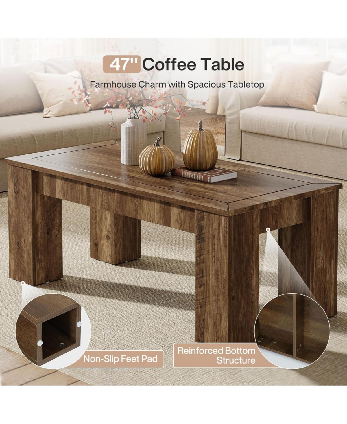 Tribesigns Rectangle Coffee Table for Living Room, 47-Inch Farmhouse Center Cocktail Table with Sturdy Legs