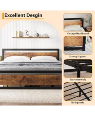 14 Inch Heavy Duty Industrial Metal Platform Bed Frame with Wooden Headboard - King