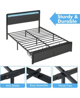 Queen Upholstered Bed Frame with LED Lights & 2 Storage Drawers &acirc;€“ Metal Platform, Tufted Headboard, Grey