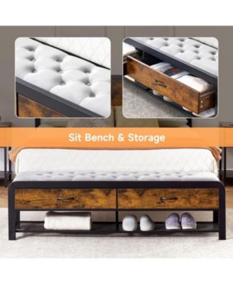 Full Size Bed Frame with Wood Headboard and Storage Bench, Bed Bench with Seat Cushion, Metal Slats Support, Safety Rounded Corners, Brown