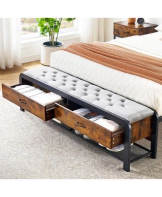 Queen Bed Frame with Wood Headboard & Storage Bench &acirc;€“ 14" Heavy Duty Metal, Noise-Free, Easy Assembly, Brown