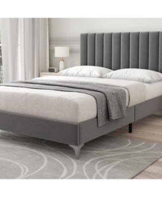 Size Bed Frame with Headboard, Velvet Upholstered Platform Bed Frame with Adjustable Headboard and Wooden Slats Support, Dark Grey