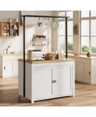 42" Kitchen Island with Storage, Heavy Duty Mobile Cart with Solid Wood Top, Shelves & Hooks