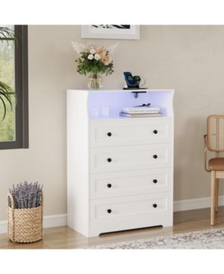 4-Drawer Wooden Dresser with LED Lights & Charging Station, Modern Nightstand Chest for Bedroom