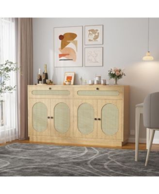 60" Rattan Sideboard Cabinet with Adjustable Shelves, Buffet with 2 Drawers and 4 Rattan Doors for Dining Room