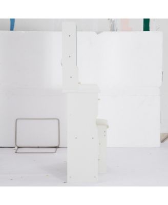 2-Piece Wood Vanity Table Set with Drawer, Cushioned Stool, LED Mirror, Power Outlets, Hairdryer Holder