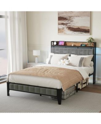 Bed Frame with Headboard Storage & Charging Station, Grey Upholstered Platform Bed with RGB LED Lights, Remote/APP Control