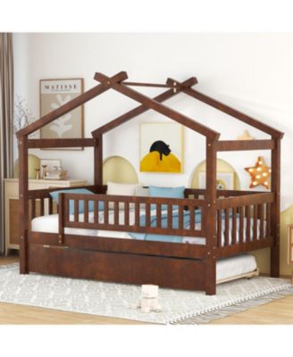 Twin Size Wooden House Bed With Twin Size Trundle