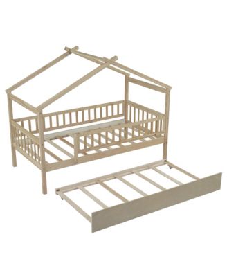Twin Size Wooden House Bed With Twin Size Trundle