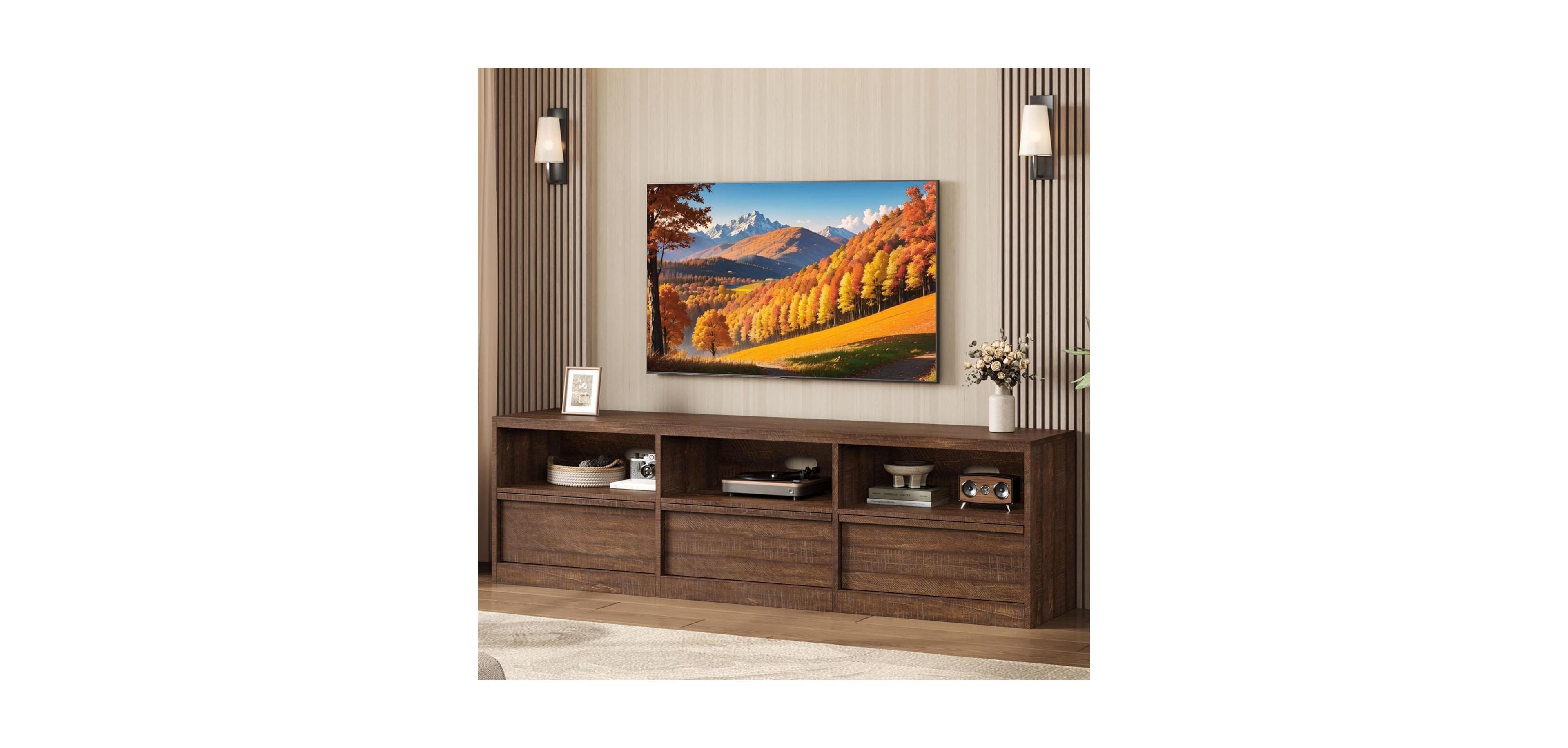 gaomon 70" Tv Stand for TVs up to 85", Mid-Century Modern Entertainment Center with Drawer & Open Shelves, Brown