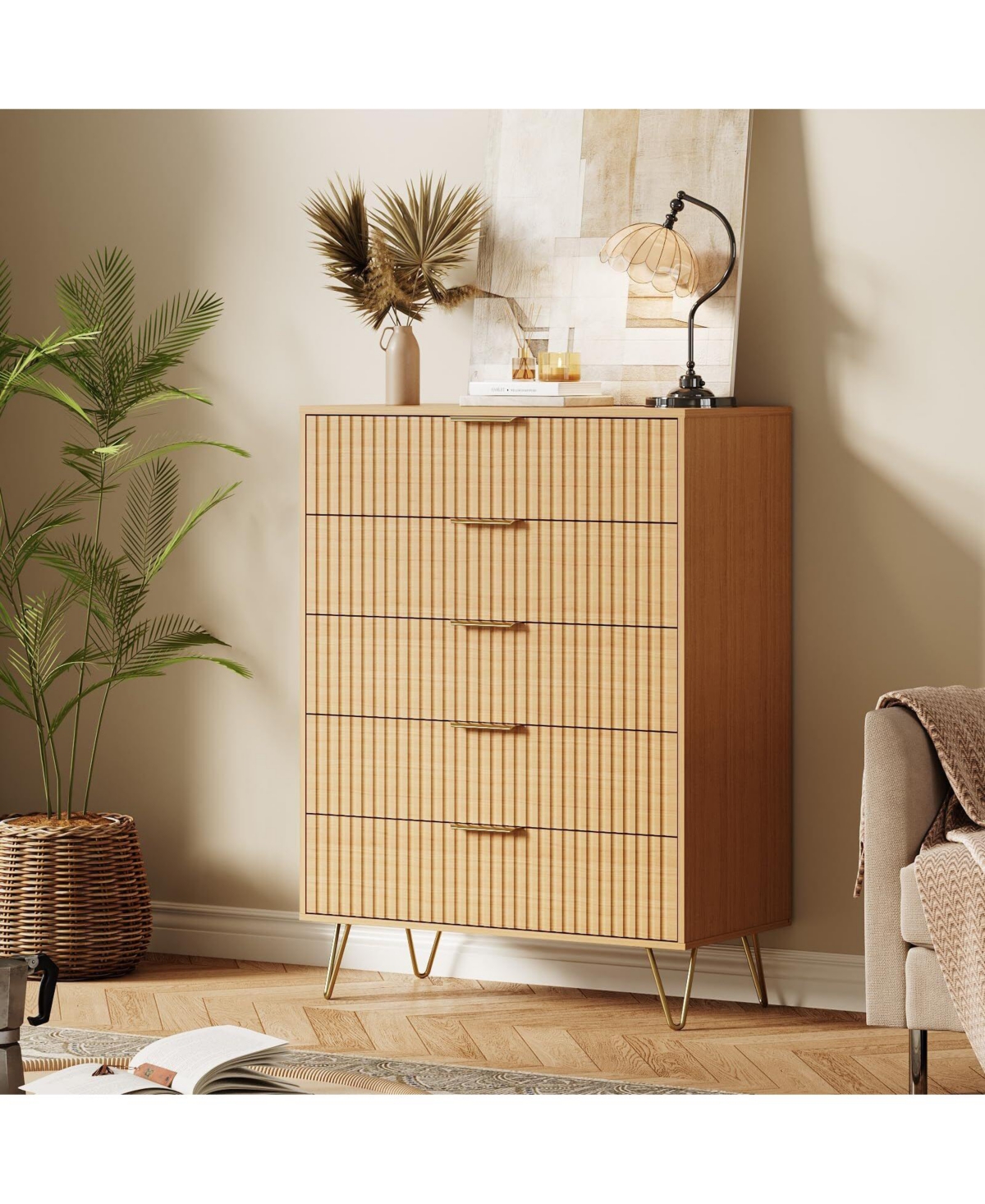 gaomon Fluted 5-Drawer Dresser for Bedroom, 32" Wide Modern Wooden Chest of Drawers, Beige