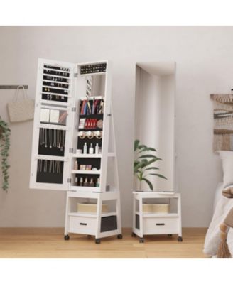 360° Swivel Jewelry Armoire with Storage Shelf and Drawer, 66" Full-Length Mirror Cabinet on Wheels