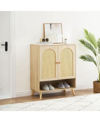 Rattan Shoe Storage Cabinet with 4 Flip Drawers, Narrow Freestanding Shoe Organizer for Entryway, Black