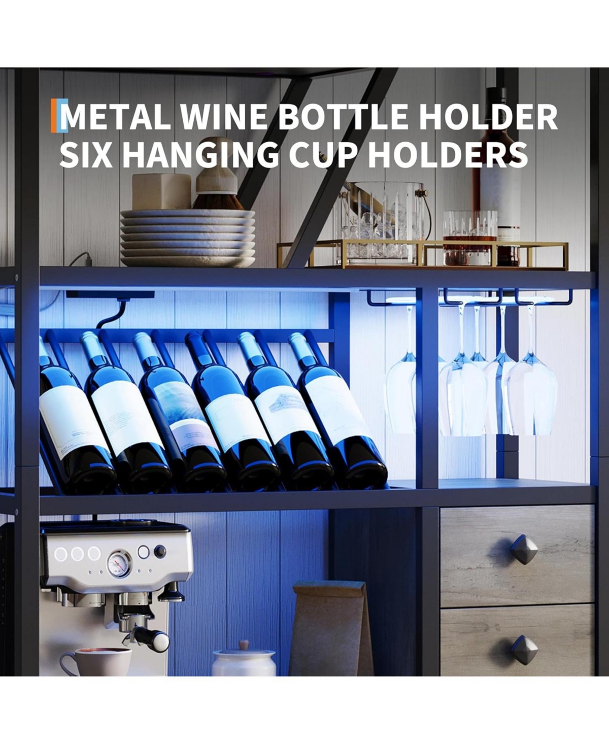 gaomon Bar Cabinet with Led Lights, Tall Coffee Bar Station with Power Outlets and Storage Rack, Grey